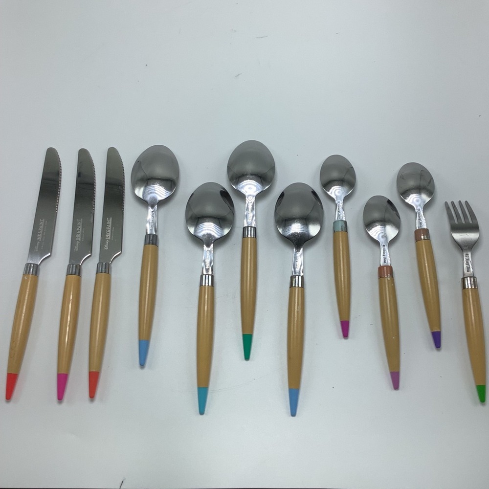 Disney Parks Ink & Paint Flatware 11 Piece Wood like Handles Colorful Paint Ends - Picture 2 of 5